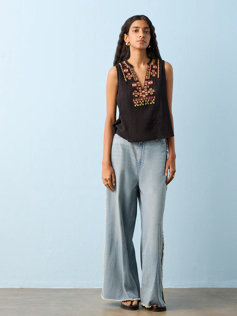 Bombay Paisley Black Embroidered Cotton Top - Image 2