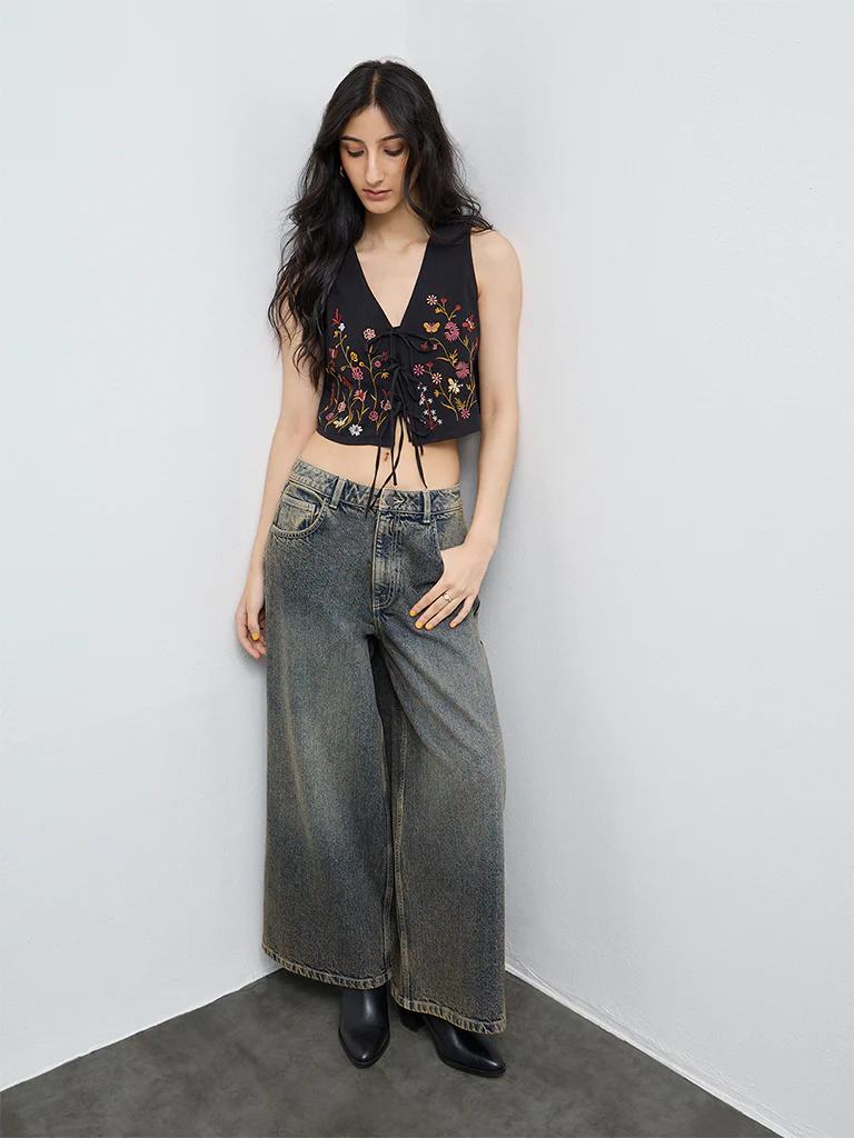 Bombay Paisley Black Embroidered Tie-Up Top
