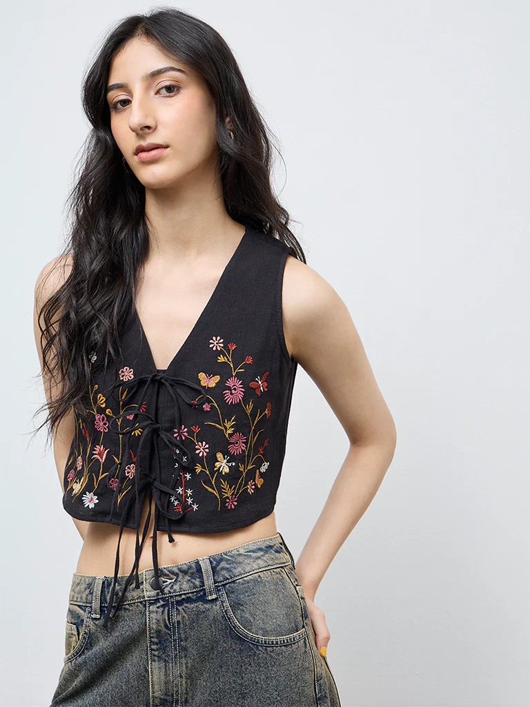 Bombay Paisley Black Embroidered Tie-Up Top - Image 2