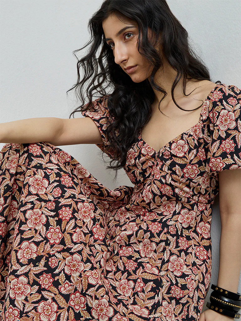 Bombay Paisley Black Floral Design Cotton A-Line Dress - Image 3
