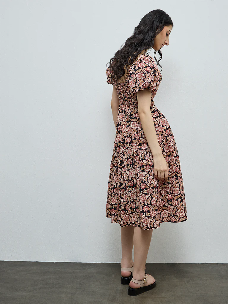 Bombay Paisley Black Floral Design Cotton A-Line Dress - Image 4