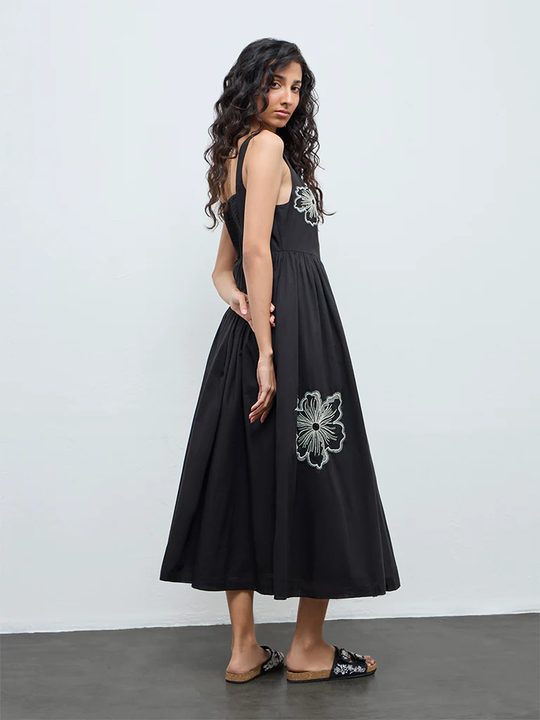 Bombay Paisley Black Floral Embroidered Cotton A-Line Dress - Image 4