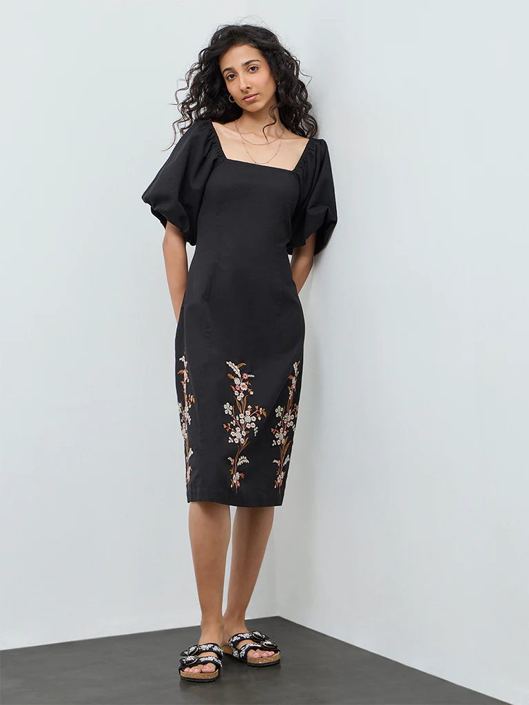 Bombay Paisley Black Floral Embroidered Cotton-Blend A-Line Dress - Image 2