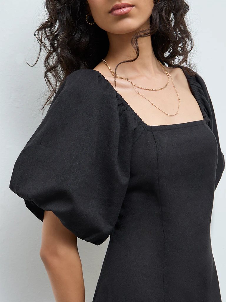 Bombay Paisley Black Floral Embroidered Cotton-Blend A-Line Dress - Image 3