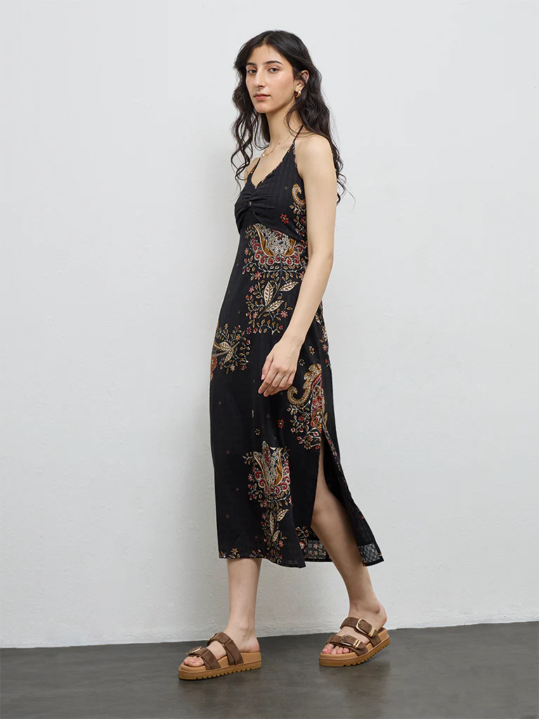 Bombay Paisley Black Floral Printed Cotton A-Line Dress - Image 2