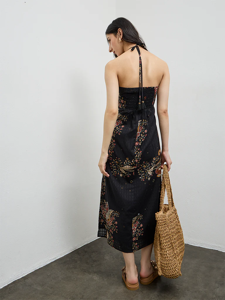 Bombay Paisley Black Floral Printed Cotton A-Line Dress - Image 4