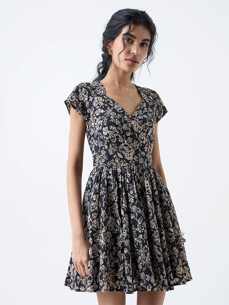 Bombay Paisley Black Foliage Design Cotton A-Line Dress - Image 2