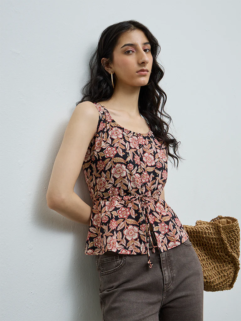 Bombay Paisley Black Foliage Pattern Cotton Top - Image 2