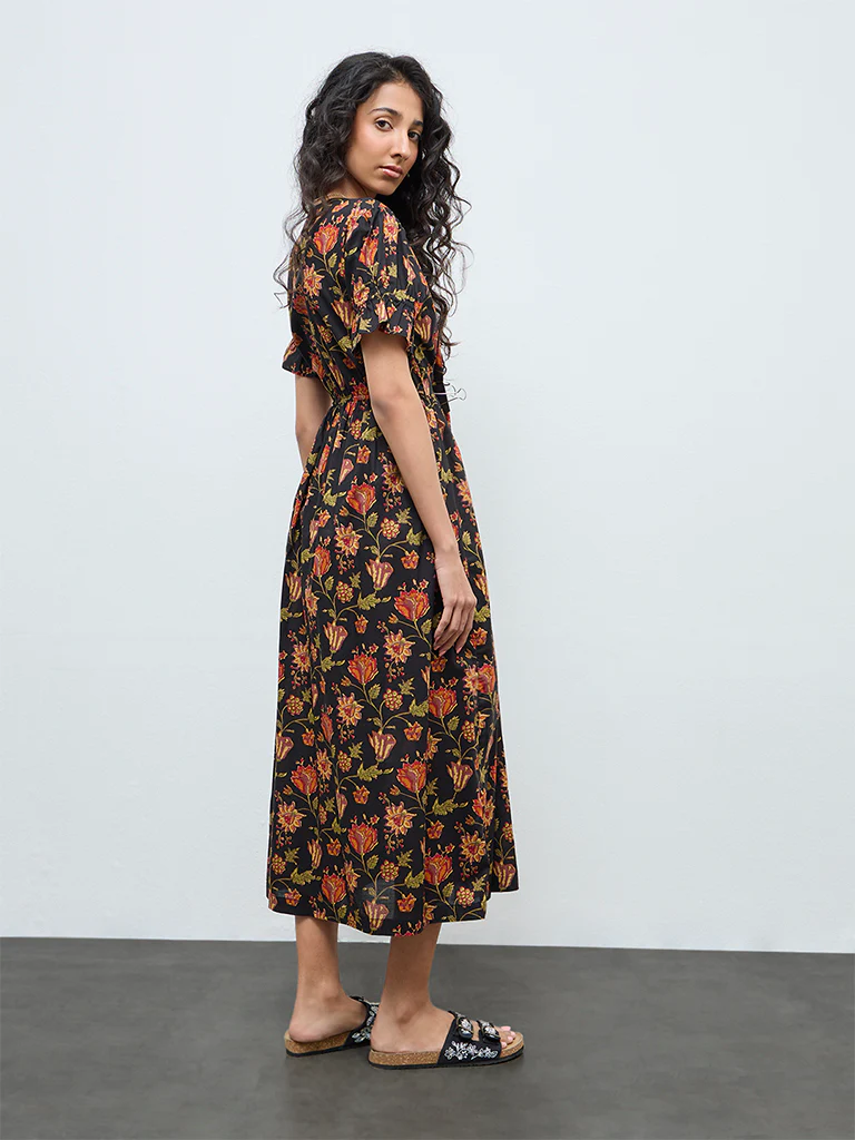 Bombay Paisley Black Foliage Printed Cotton A-Line Dress - Image 4