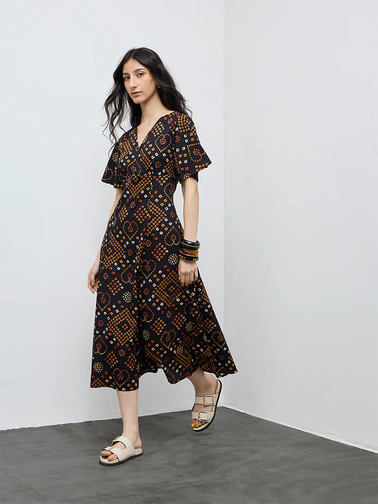 Bombay Paisley Black Printed Cotton A-Line Dress - Image 2