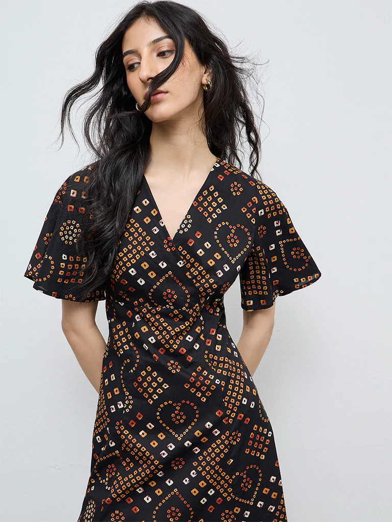 Bombay Paisley Black Printed Cotton A-Line Dress - Image 3