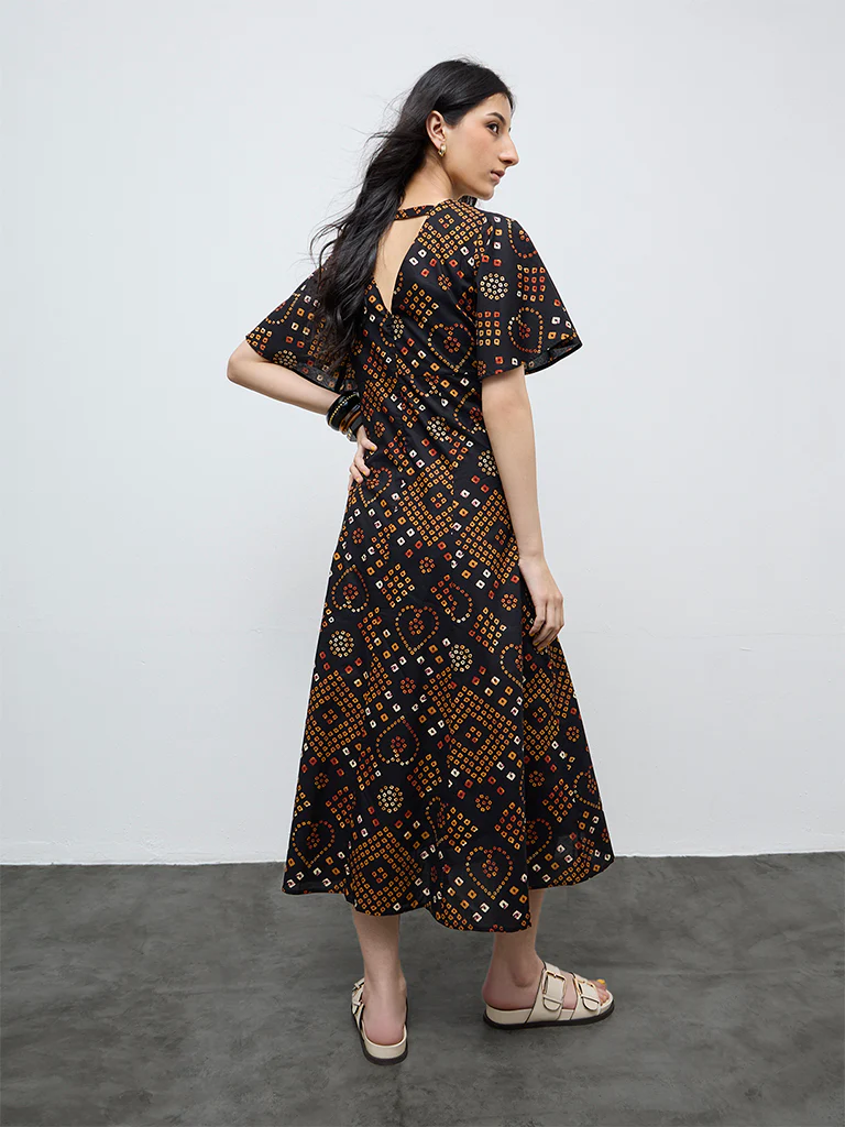 Bombay Paisley Black Printed Cotton A-Line Dress - Image 4