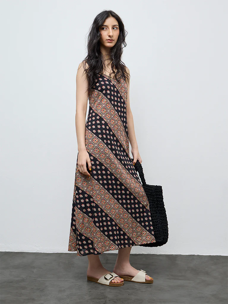 Bombay Paisley Black Printed Cotton A-Line Dress - Image 2
