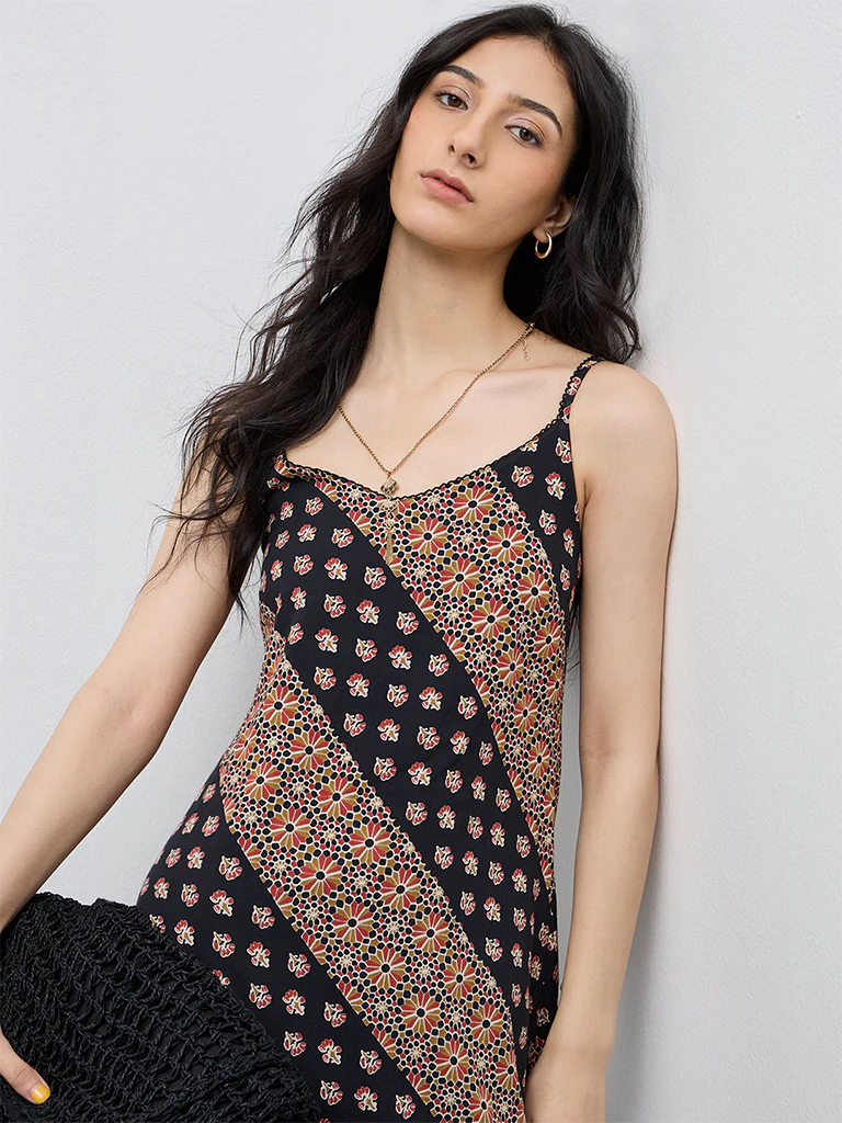 Bombay Paisley Black Printed Cotton A-Line Dress - Image 3