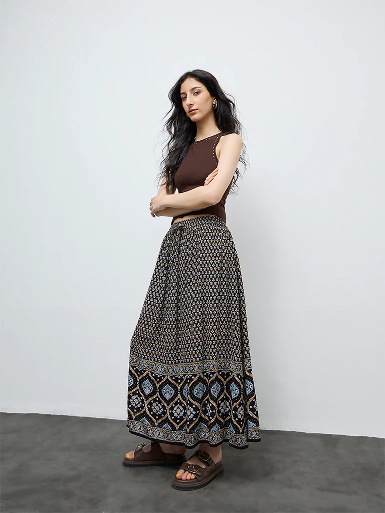 Bombay Paisley Black Printed High-Rise Cotton-Blend Skirt