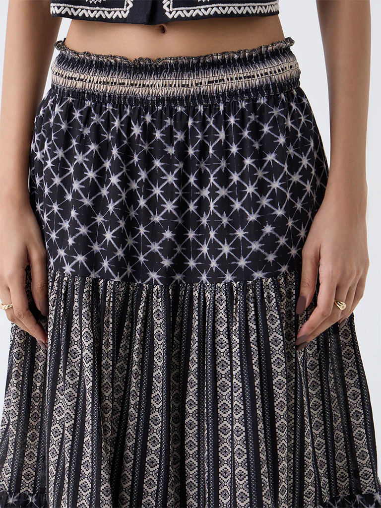 Bombay Paisley Black Printed Tiered Cotton Skirt - Image 3