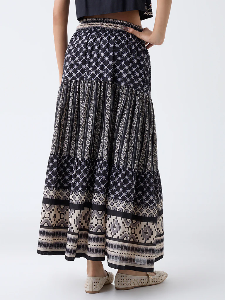 Bombay Paisley Black Printed Tiered Cotton Skirt - Image 4