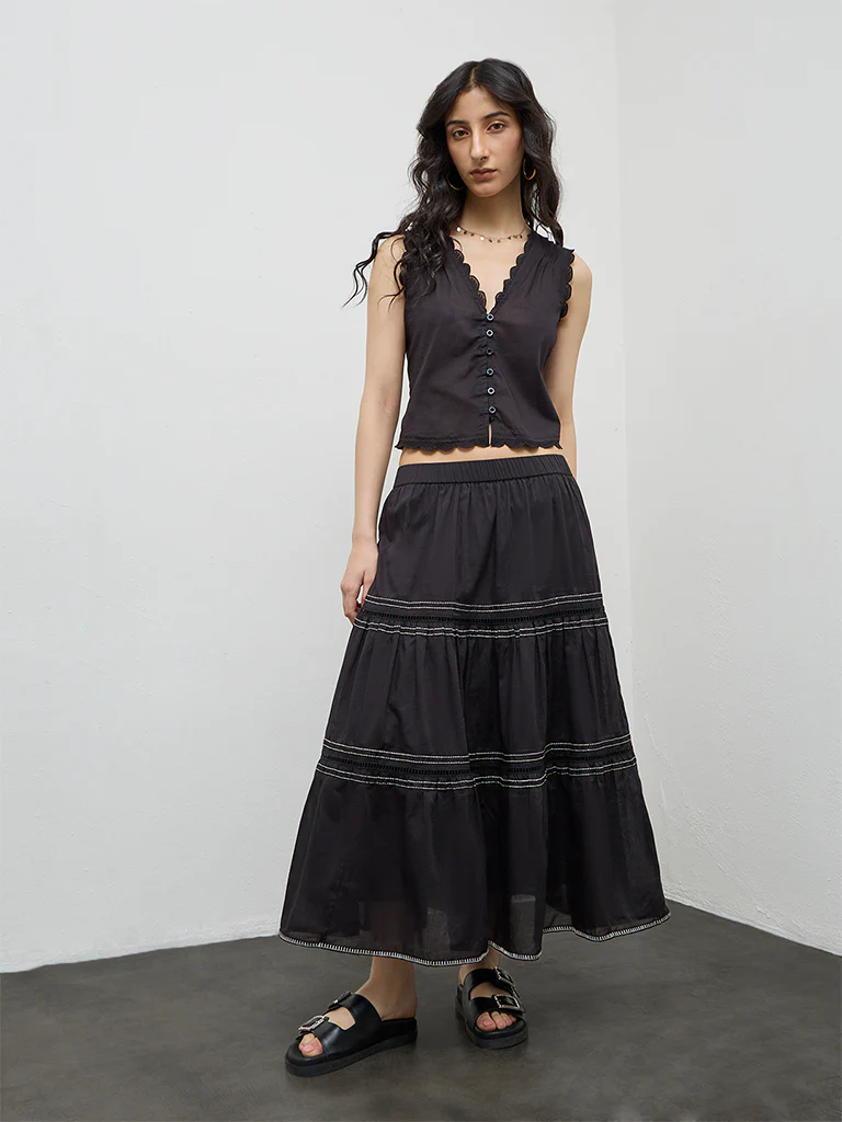 Bombay Paisley Black Scallop-Detailed Cotton Top - Image 2