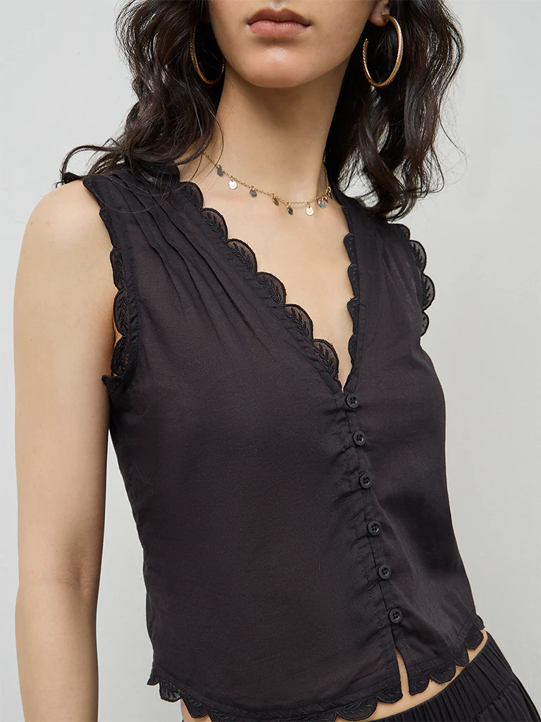 Bombay Paisley Black Scallop-Detailed Cotton Top - Image 3