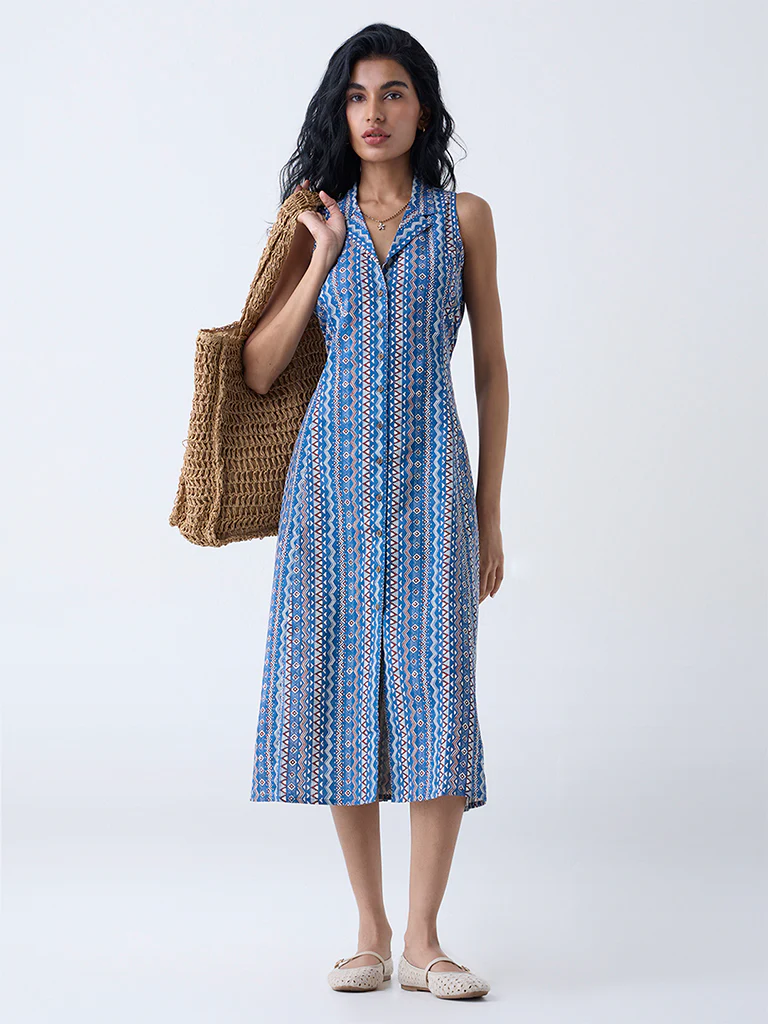 Bombay Paisley Blue Aztec Printed Cotton-Blend Shirt Dress