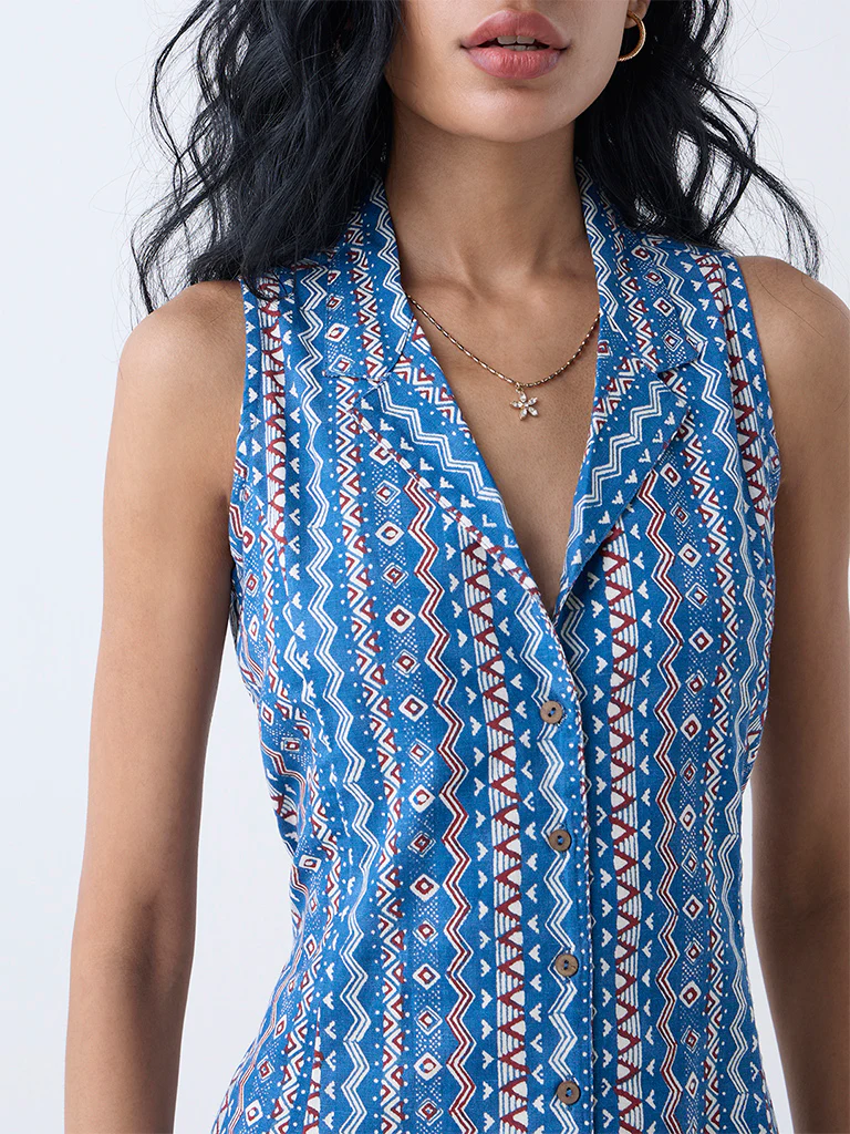 Bombay Paisley Blue Aztec Printed Cotton-Blend Shirt Dress - Image 3