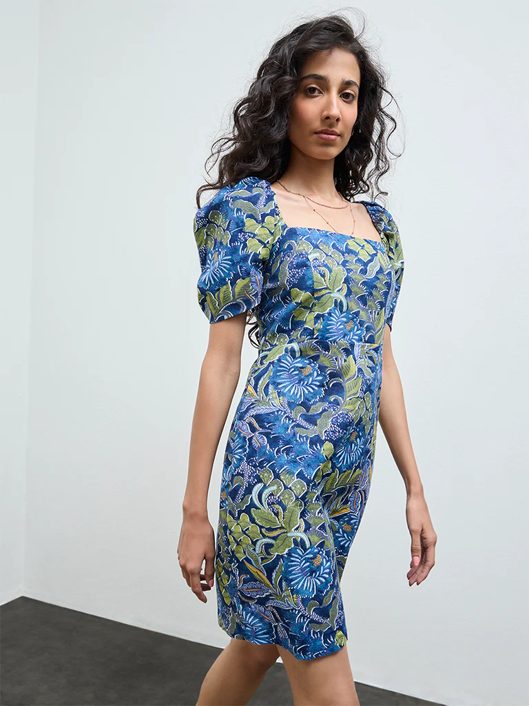 Bombay Paisley Blue Botanical Cotton A-Line Dress - Image 2