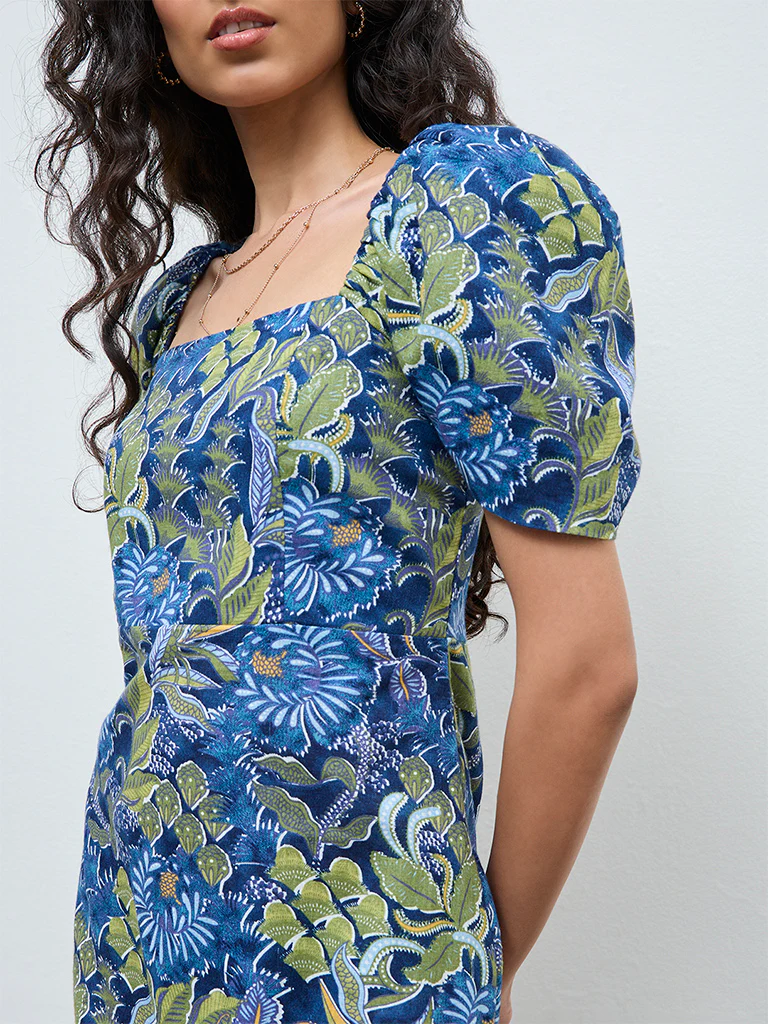 Bombay Paisley Blue Botanical Cotton A-Line Dress - Image 3
