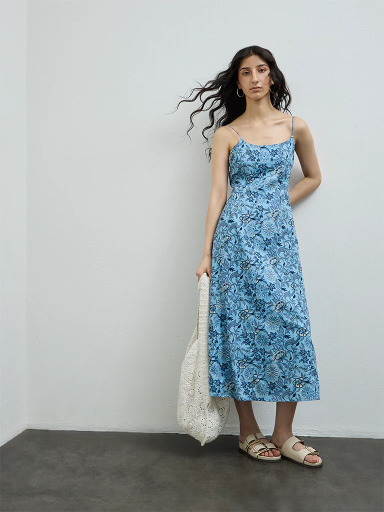 Bombay Paisley Blue Botanical Printed Cotton-Blend A-Line Dress