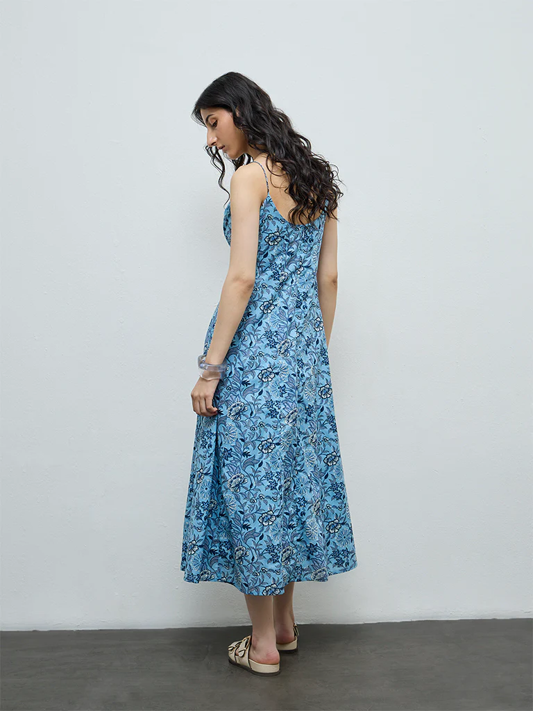 Bombay Paisley Blue Botanical Printed Cotton-Blend A-Line Dress - Image 4