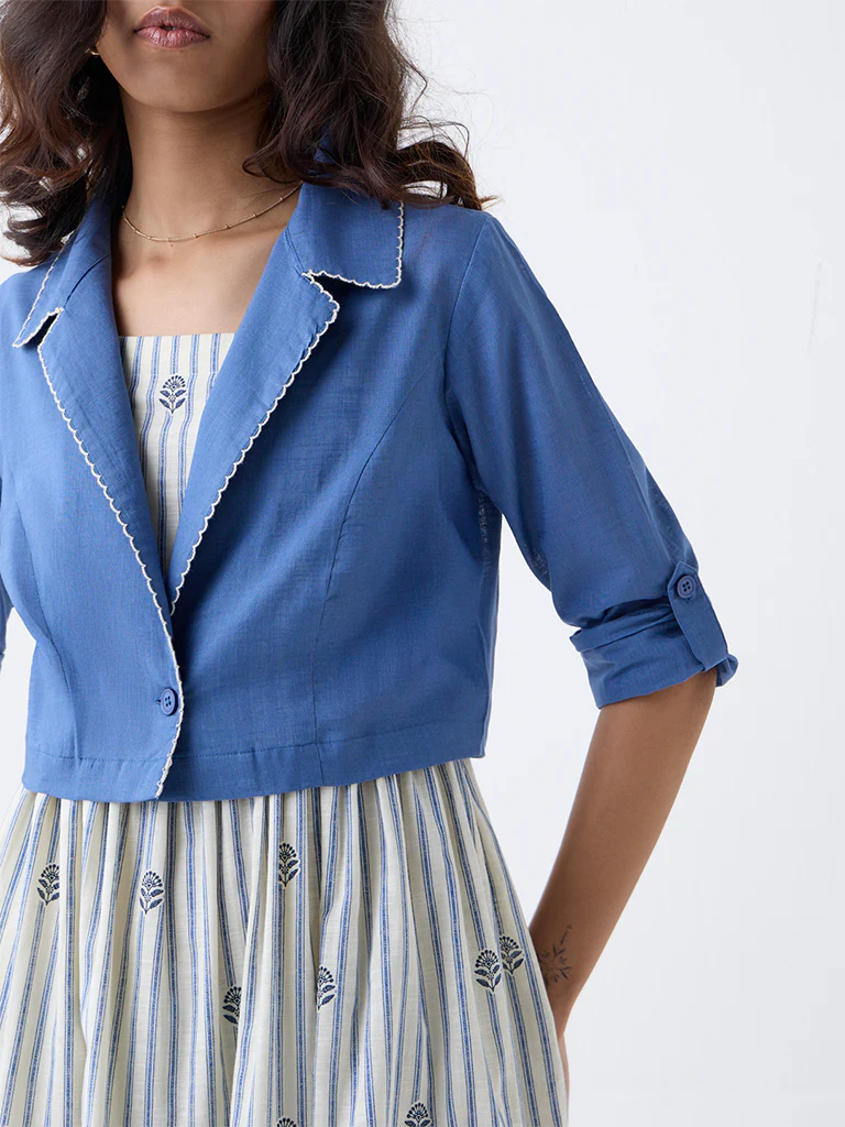 Bombay Paisley Blue Cotton Tiered Dress with Jacket - Image 3