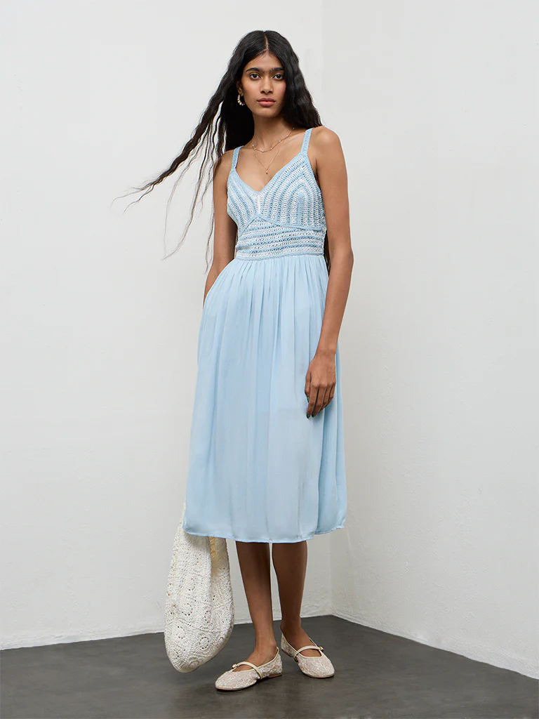 Bombay Paisley Blue Crochet-Design Cotton-Blend A-Line Dress - Image 2
