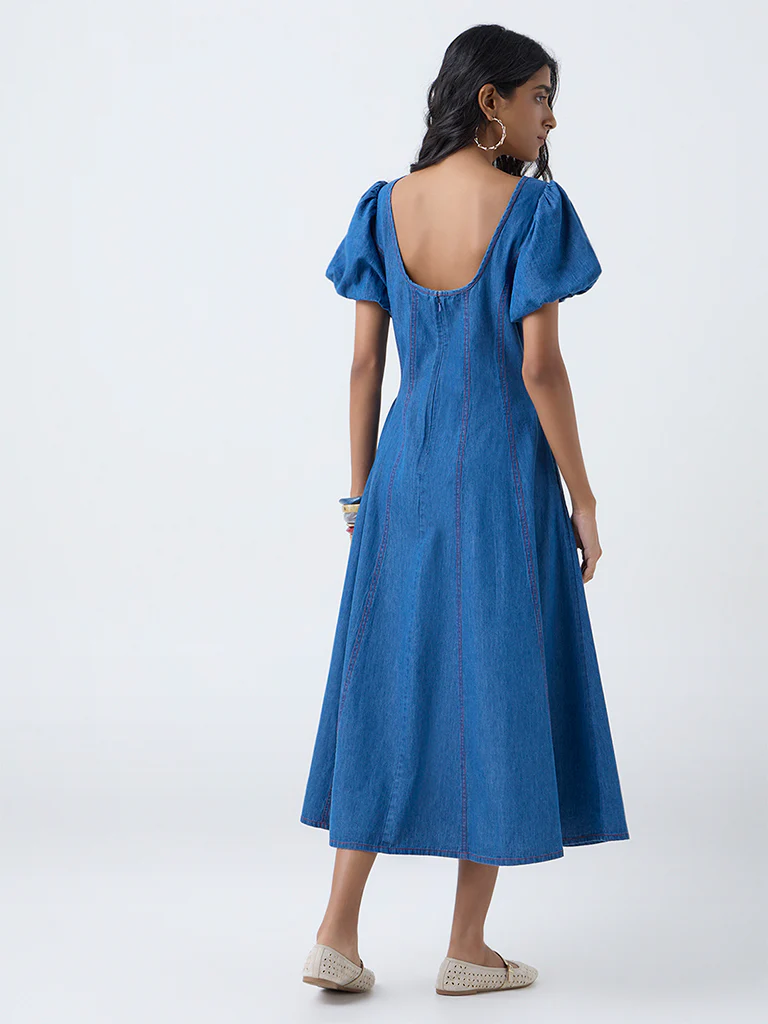 Bombay Paisley Blue Denim A-Line Dress - Image 4