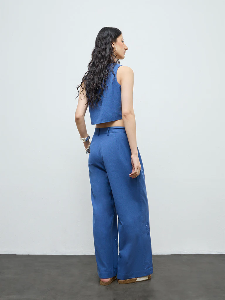 Bombay Paisley Blue Embroidered Cotton-Blend Palazzos - Image 4