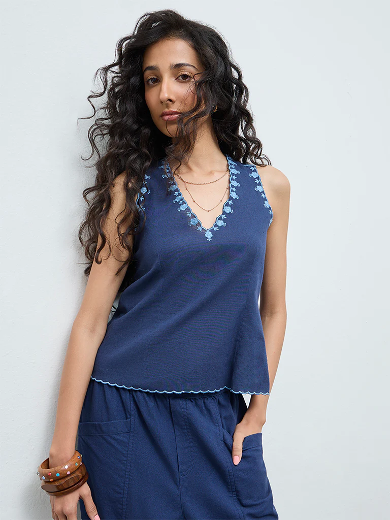 Bombay Paisley Blue Embroidered Cotton-Blend Top