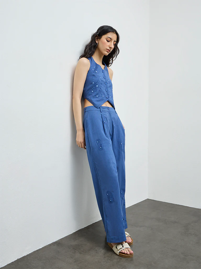 Bombay Paisley Blue Embroidered Cotton-Blend Waistcoat Top - Image 2