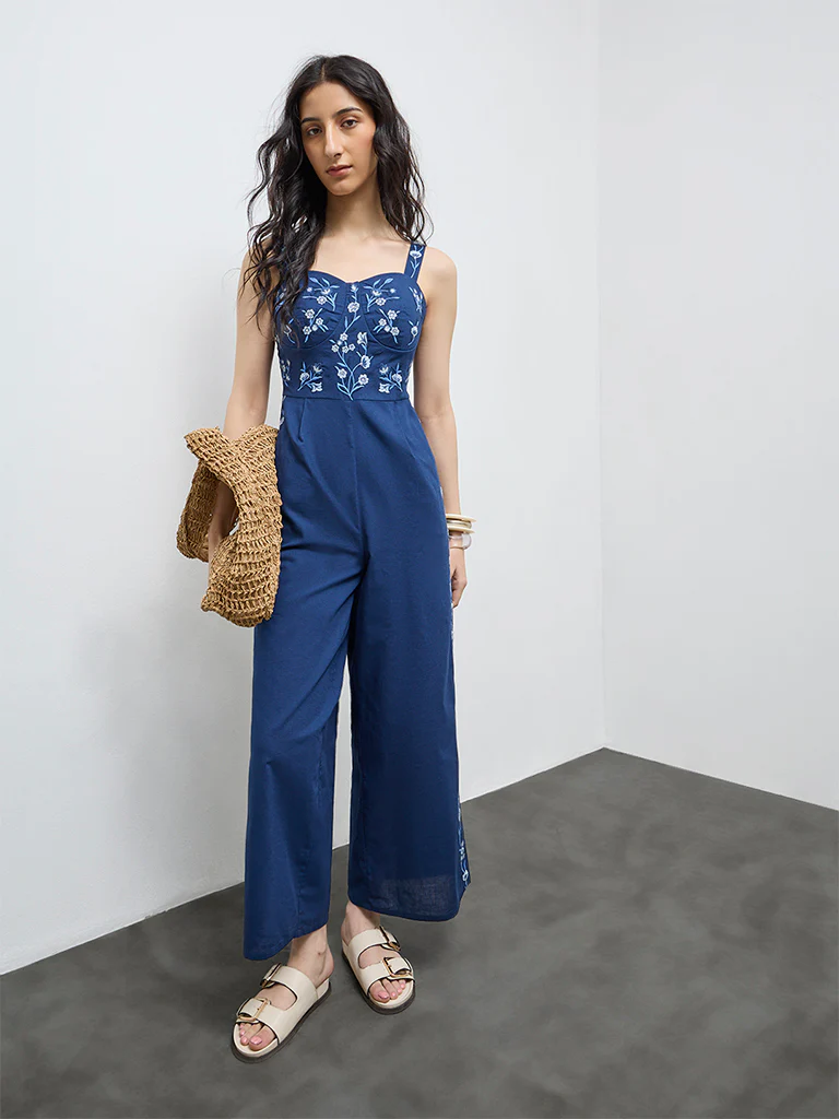 Bombay Paisley Blue Embroidered Cotton Jumpsuit