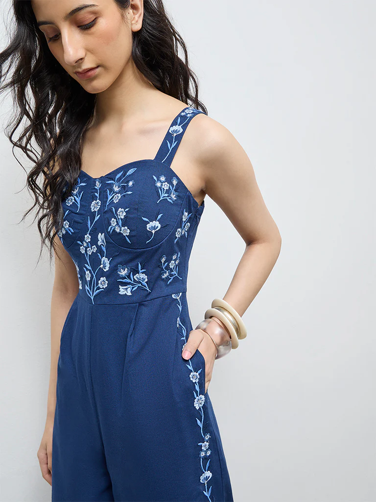Bombay Paisley Blue Embroidered Cotton Jumpsuit - Image 3