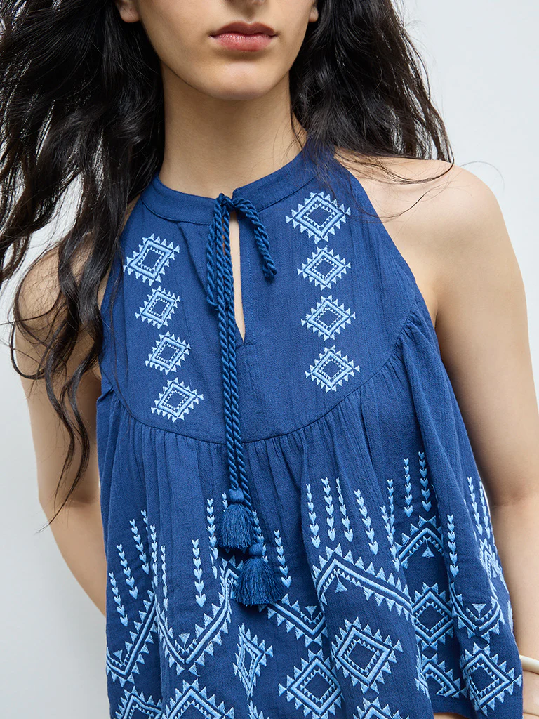 Bombay Paisley Blue Embroidered Cotton Top - Image 3