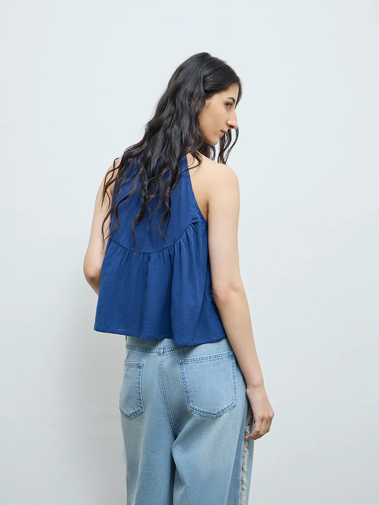 Bombay Paisley Blue Embroidered Cotton Top - Image 4