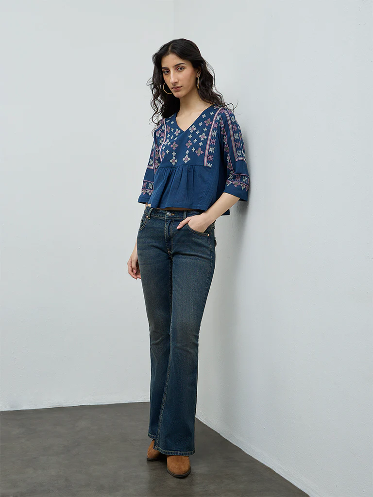 Bombay Paisley Blue Embroidered Cotton Top