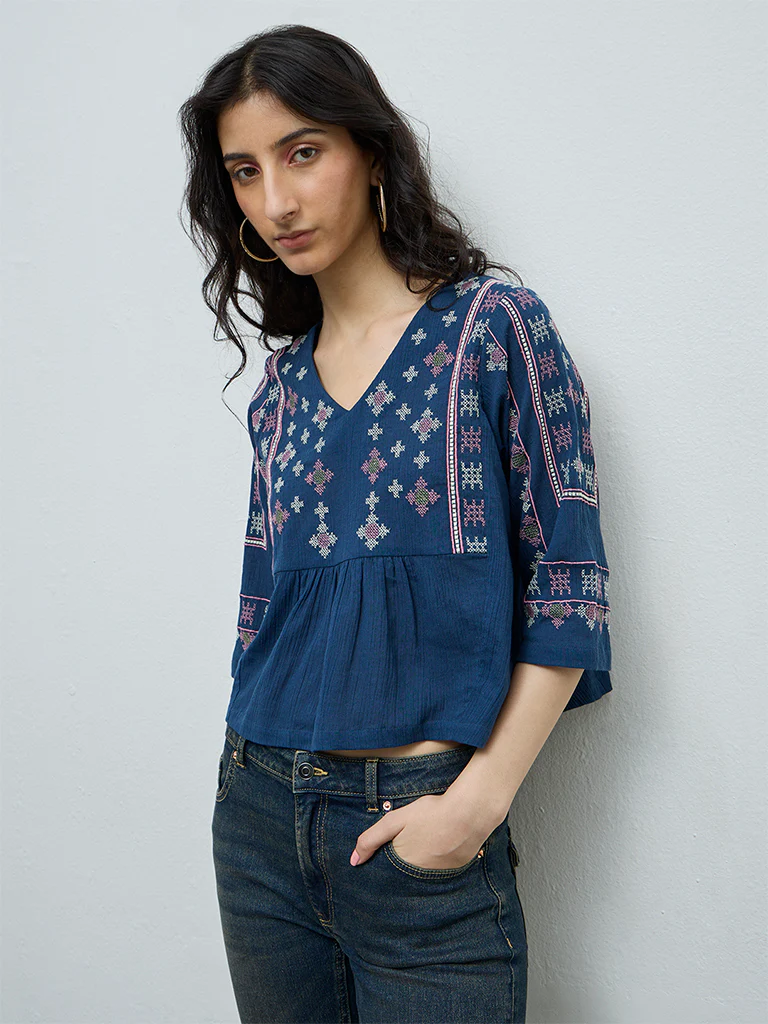 Bombay Paisley Blue Embroidered Cotton Top - Image 2