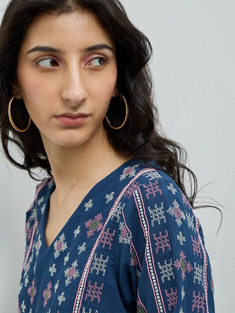 Bombay Paisley Blue Embroidered Cotton Top - Image 3