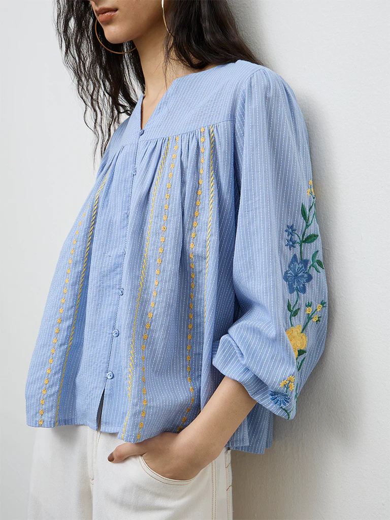 Bombay Paisley Blue Embroidered Cotton Top - Image 3