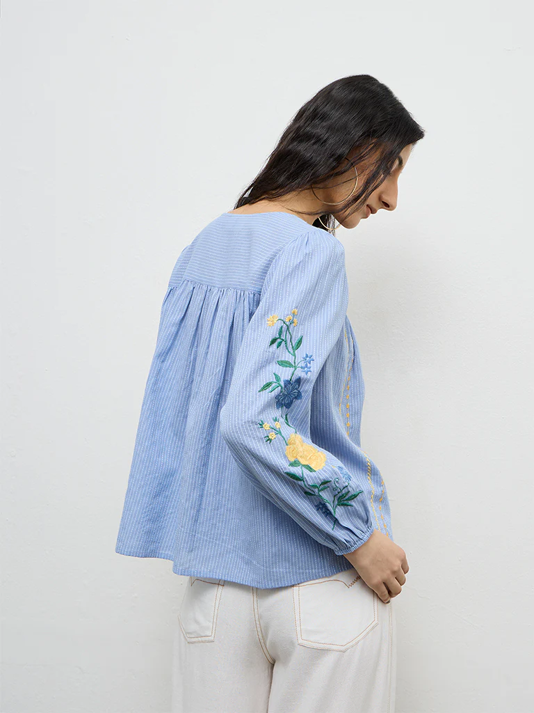 Bombay Paisley Blue Embroidered Cotton Top - Image 4