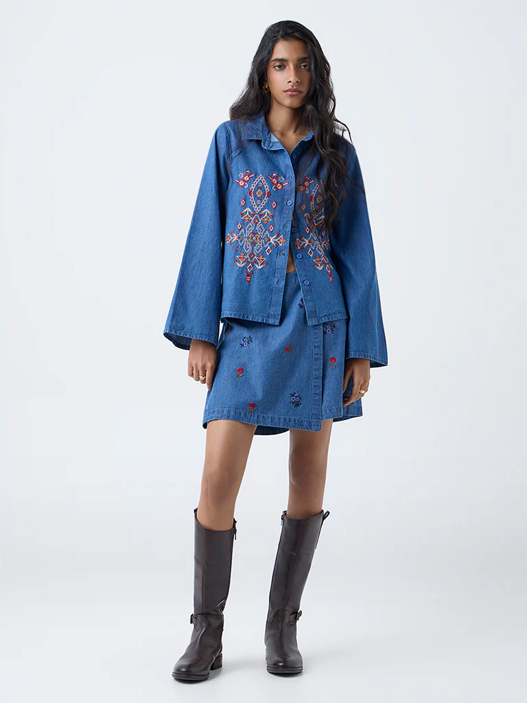 Bombay Paisley Blue Embroidered Denim Shirt