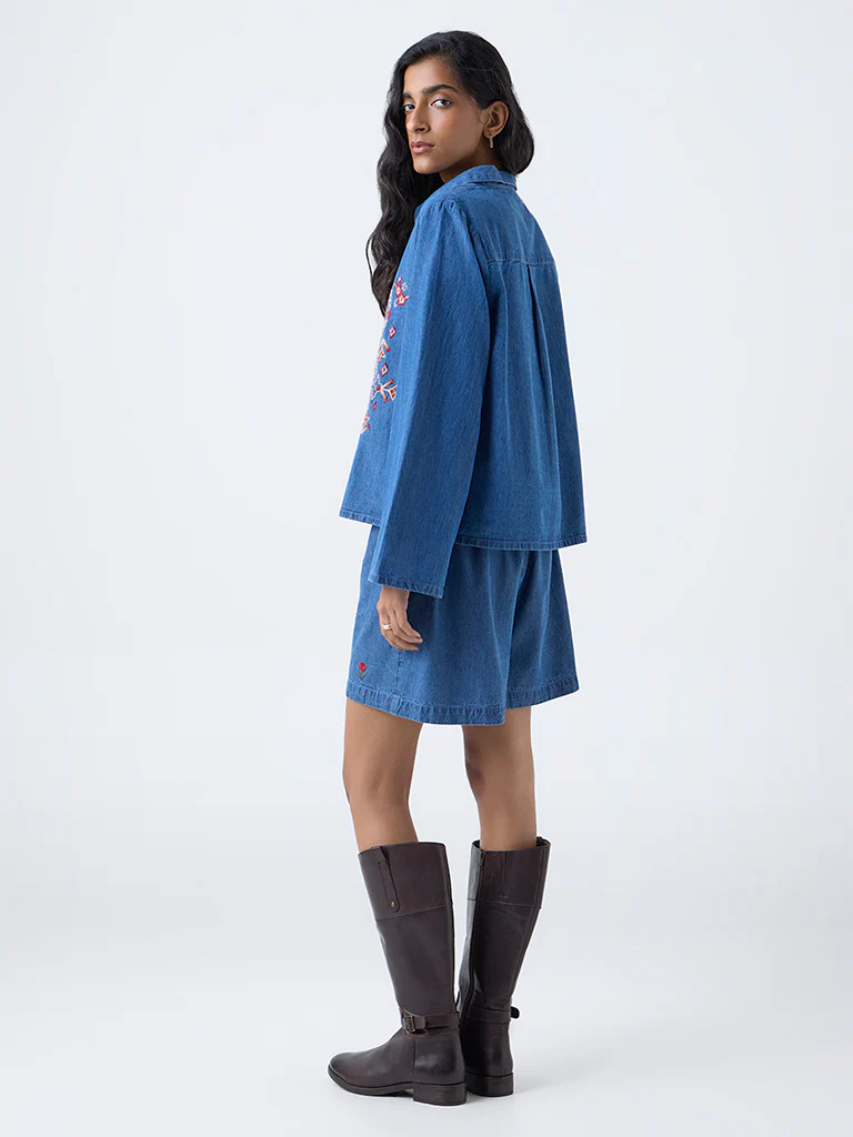Bombay Paisley Blue Embroidered Denim Shirt - Image 4