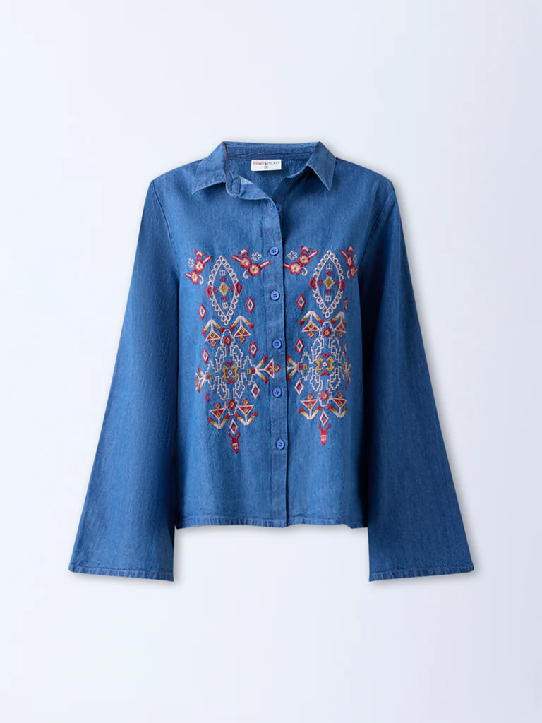 Bombay Paisley Blue Embroidered Denim Shirt - Image 5
