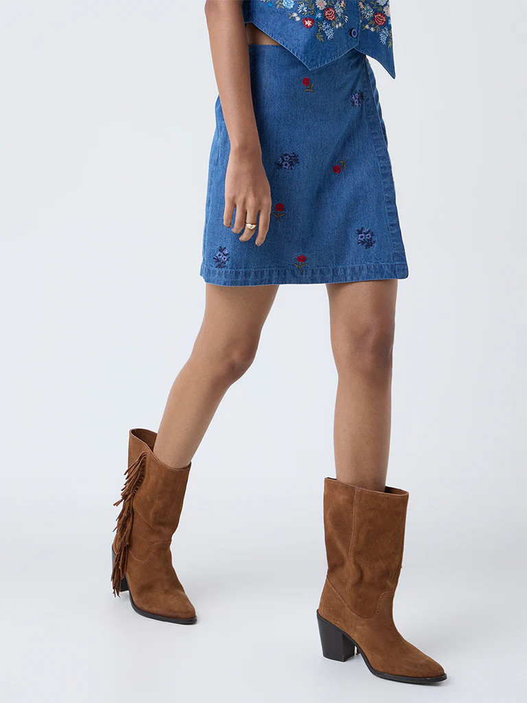 Bombay Paisley Blue Embroidered High-Rise Denim Skorts - Image 2