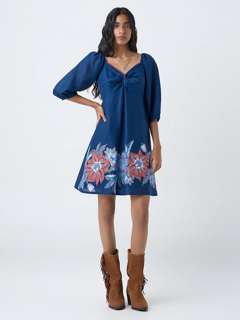 Bombay Paisley Blue Floral Cotton A-Line Dress - Image 2