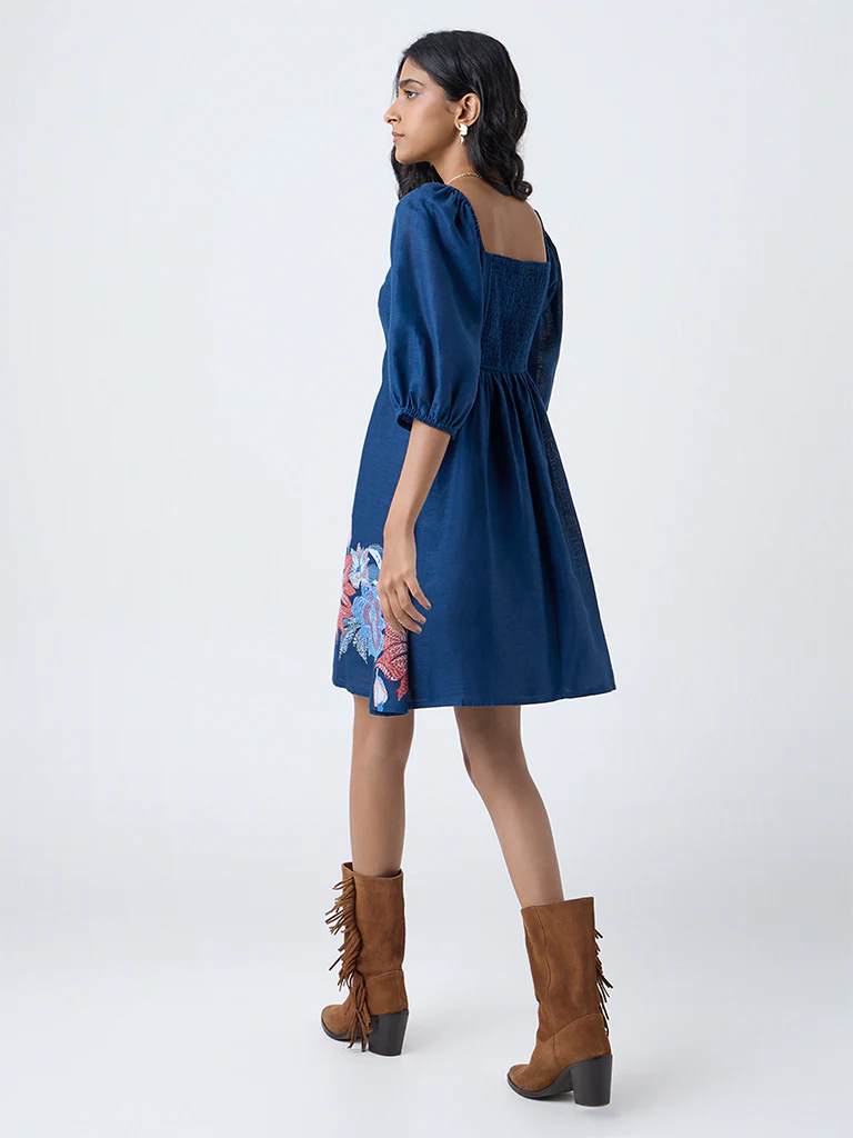 Bombay Paisley Blue Floral Cotton A-Line Dress - Image 4